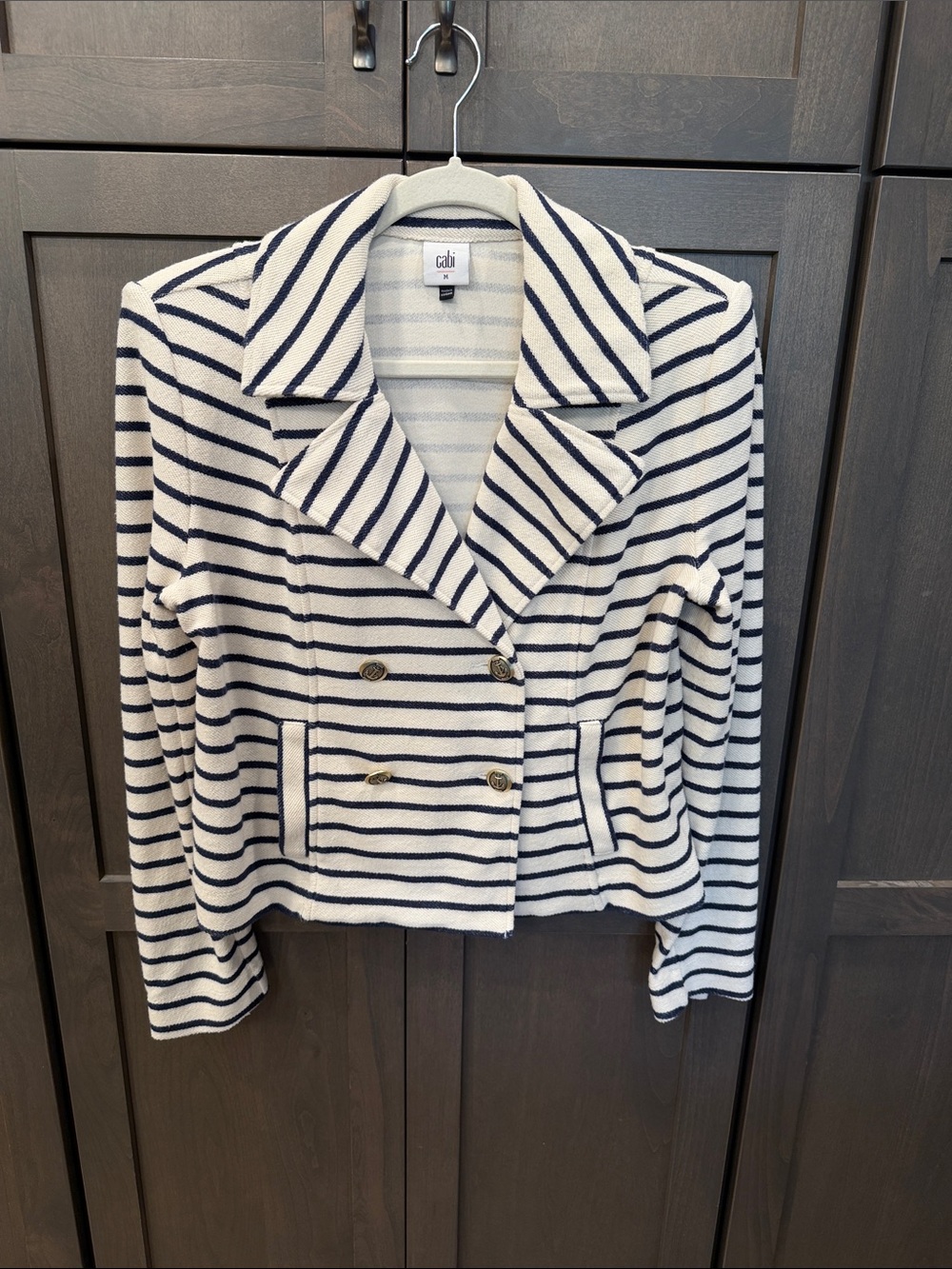CAbi Navy & Cream Striped Double-Breasted Blazer EUC Size Medium